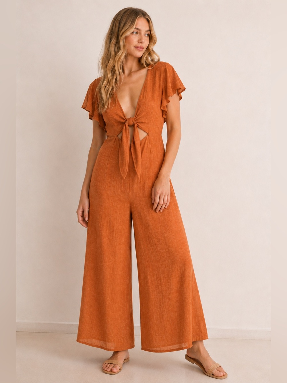 Cotton Candy Rust Tie-Front Flutter Sleeve Wide-Leg Jumpsuit